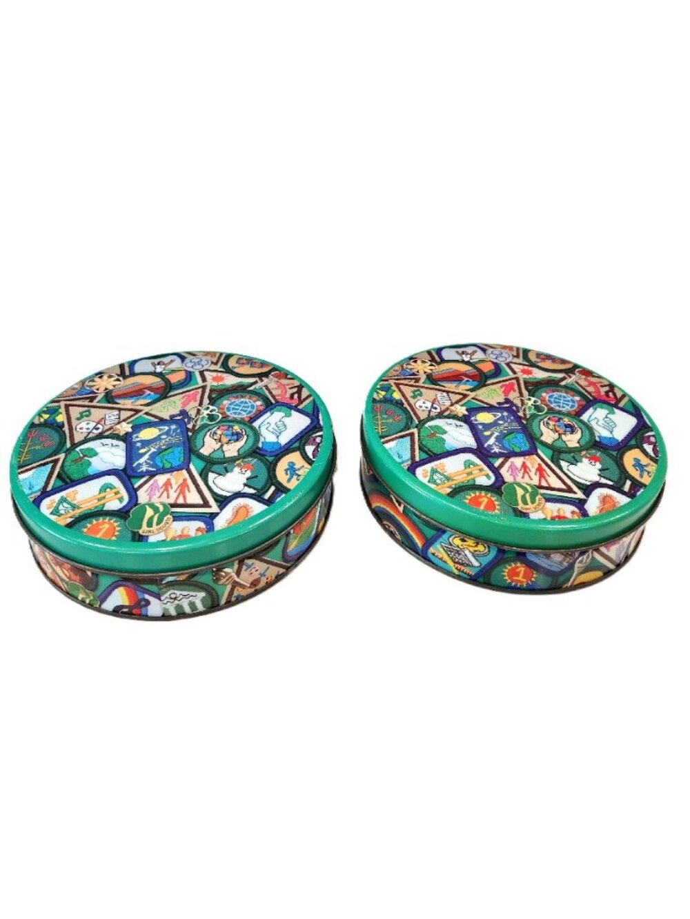 Girl Scouts Round Metal Tins Patches/Badges Collage Set of 2 Vintage 90s 6.5"
